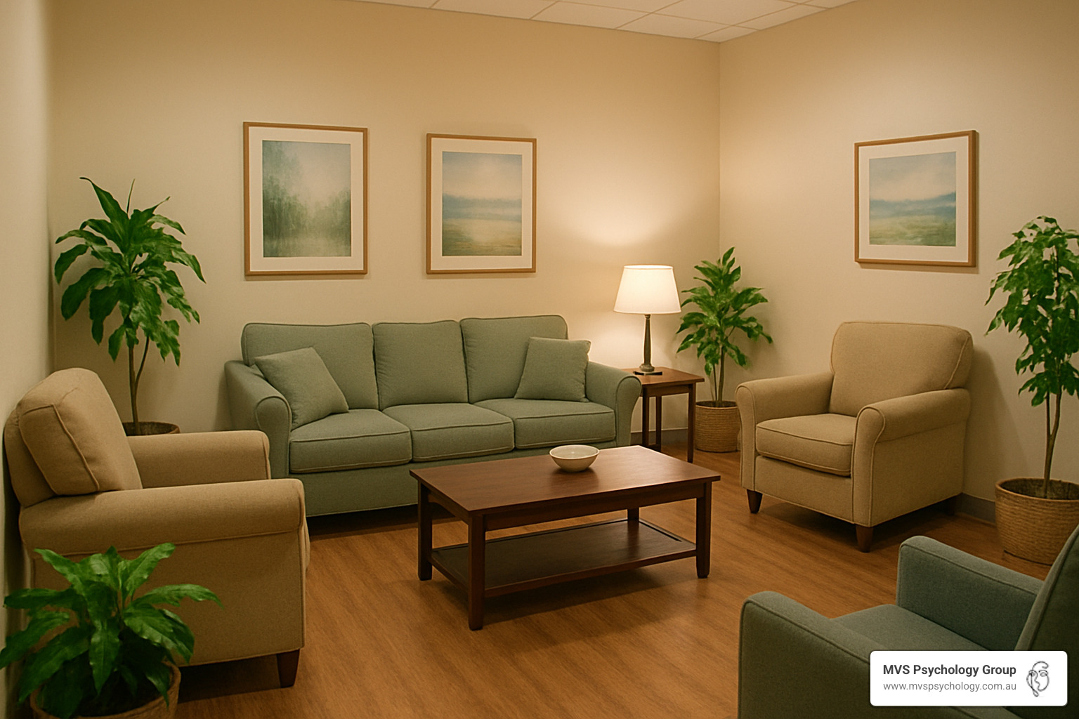Peaceful therapy waiting room with comfortable seating and calming decor - EMDR therapy Melbourne Peaceful therapy waiting room with comfortable seating and calming decor - EMDR therapy Melbourne