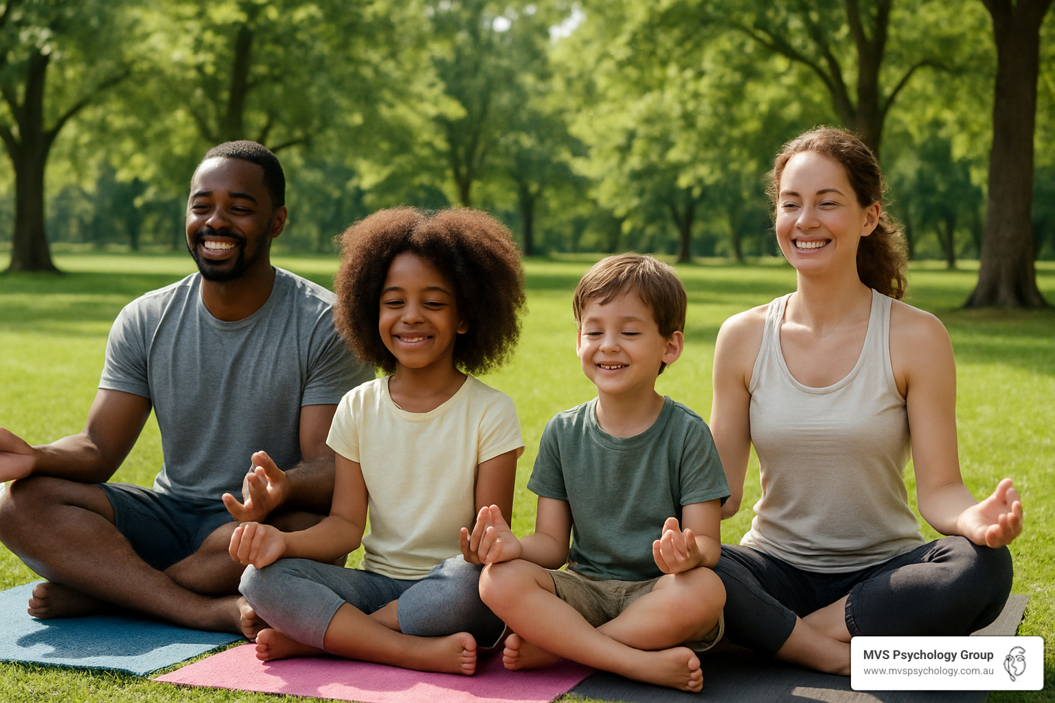 Family practicing yoga together in a peaceful park setting - ADHD treatment without meds Family practicing yoga together in a peaceful park setting - ADHD treatment without meds