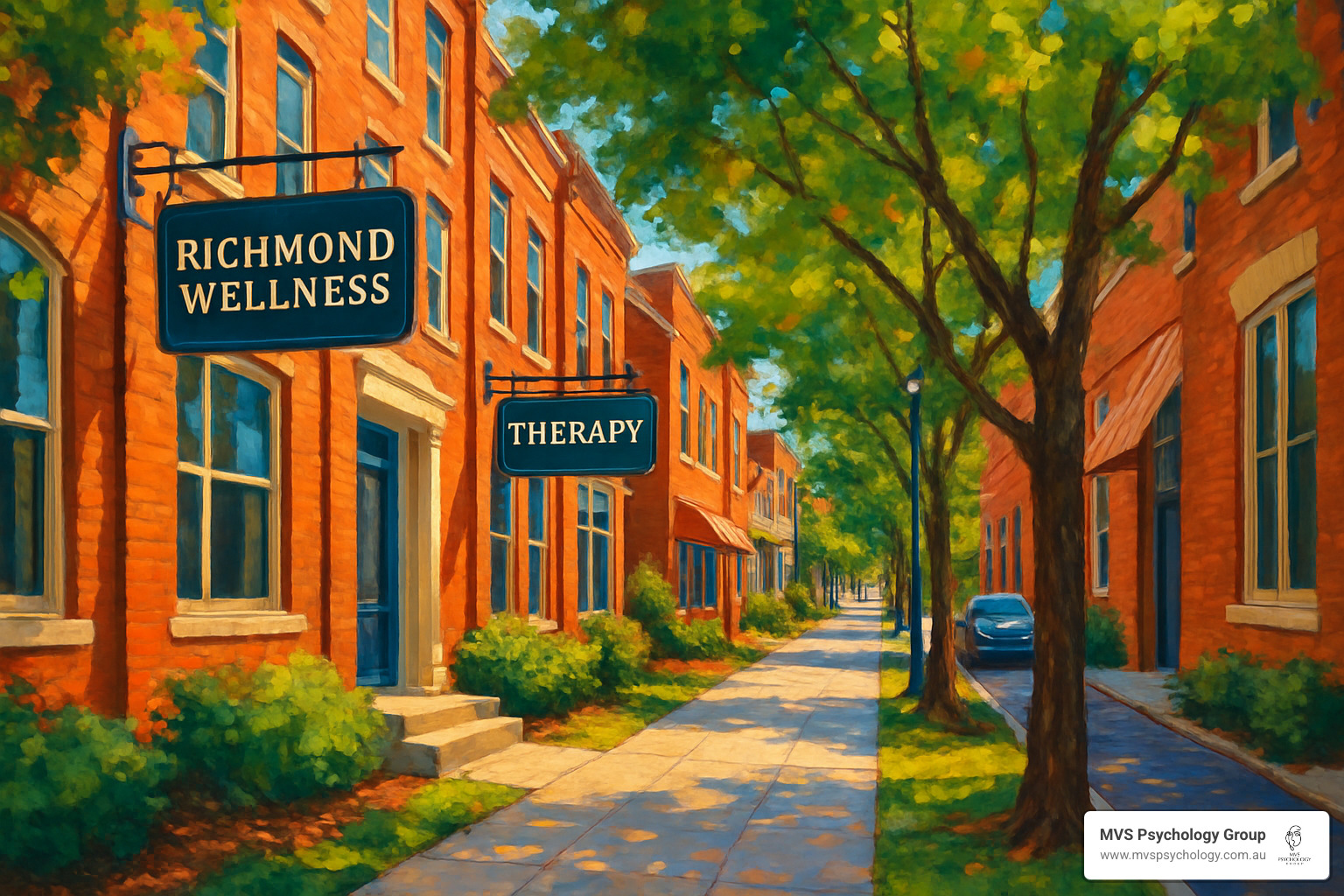 Richmond streetscape showing neighborhood where therapy clinics are located - clinical therapist Richmond streetscape showing neighborhood where therapy clinics are located - clinical therapist