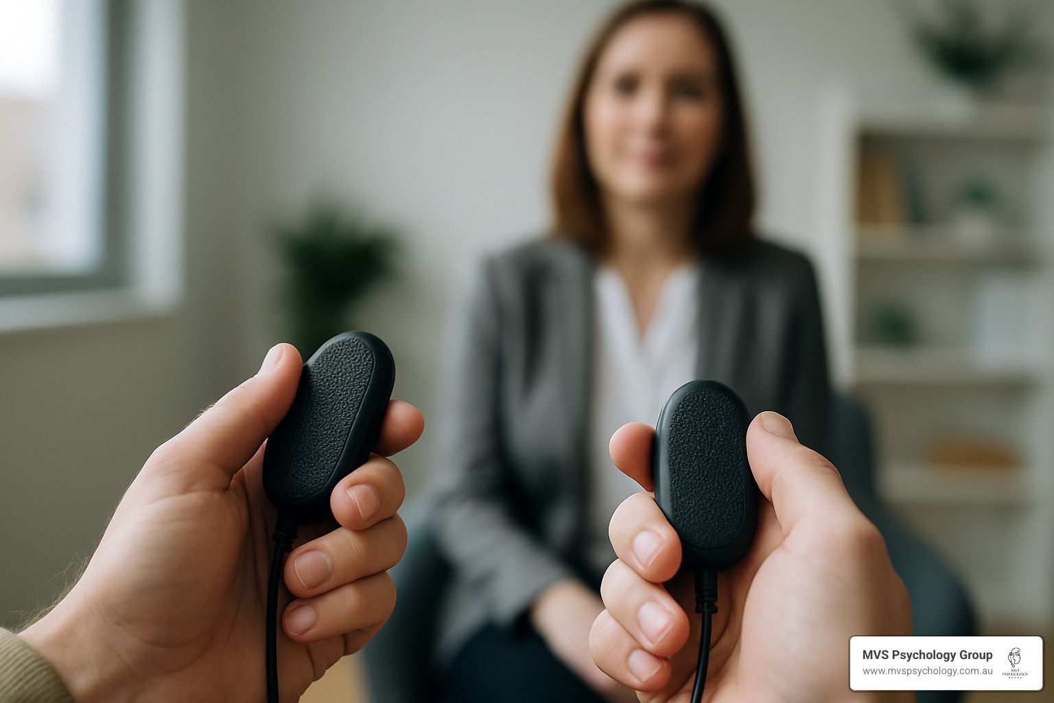 Close-up image of tactile pulsers (small handheld devices) being used during an EMDR session, showing bilateral stimulation equipment - EMDR for pain management Close-up image of tactile pulsers (small handheld devices) being used during an EMDR session, showing bilateral stimulation equipment - EMDR for pain management