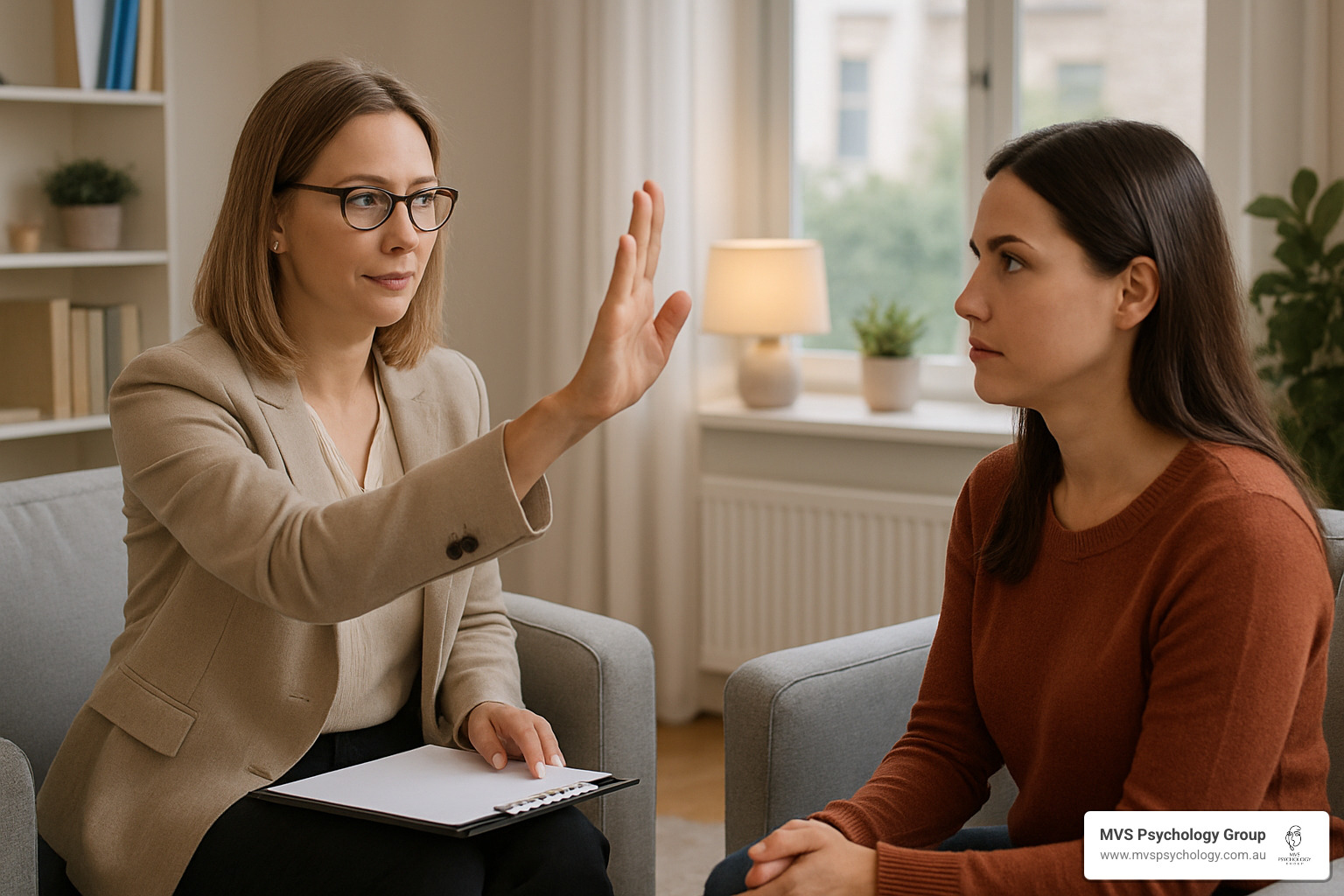 Professional image of a Caucasian female therapist guiding a client through EMDR eye movements in a calm, well-lit therapy room - EMDR for pain management Professional image of a Caucasian female therapist guiding a client through EMDR eye movements in a calm, well-lit therapy room - EMDR for pain management