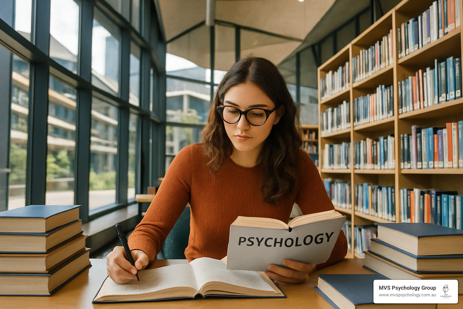 Psychology student studying in a university library in Melbourne - clinical therapist Psychology student studying in a university library in Melbourne - clinical therapist